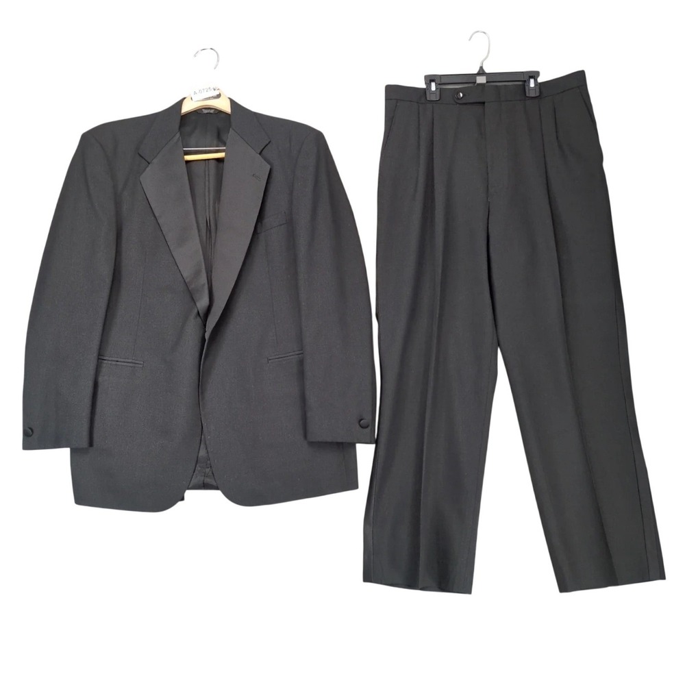 Vintage 90s Barry Black Tuxedo Set 44R Jacket, 34x30 Pants, Bow Tie, Cummerbund